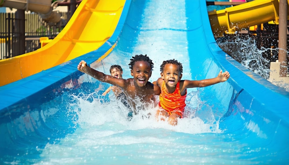 Family enjoying water slides at Water Park Dubai Family enjoying water slides at Water Park Dubai