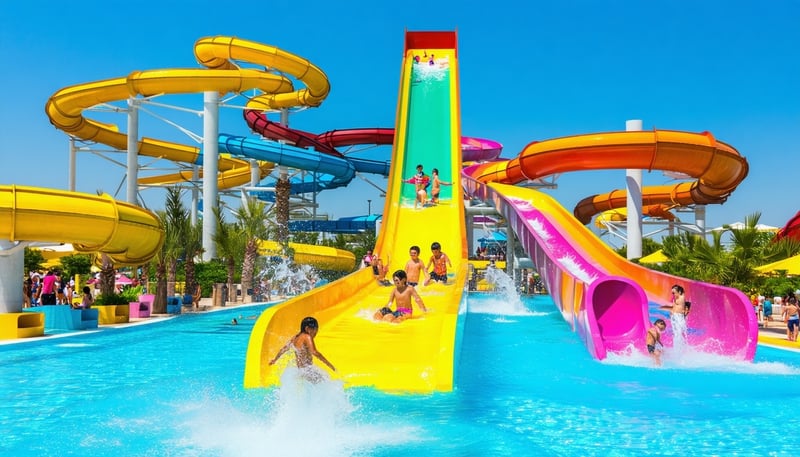 A vibrant view of Water Park Dubai featuring water slides, pools, and families enjoying the attractions. A vibrant view of Water Park Dubai featuring water slides, pools, and families enjoying the attractions.